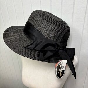 Scala Wide edge Black‎ Ribbon-Trimmed Sun Straw Hat, 
One Size  NEW